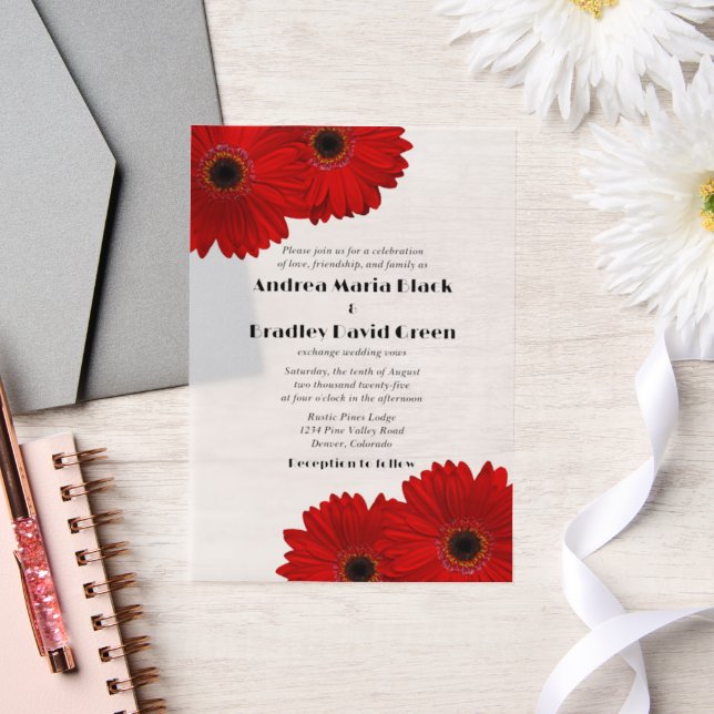 Red Gerbera Gerber Daisy Flower Wedding Vellum Invitations (Wedding)