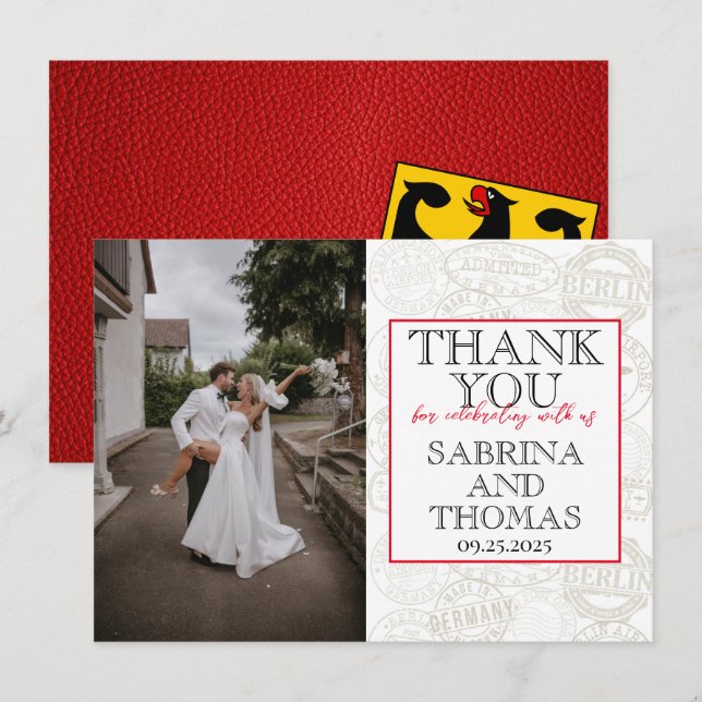 Red Germany Wedding Photo Thank You Card (Front/Back)