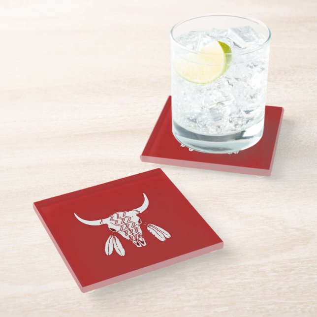Red Ghost Dance Buffalo clear glass coaster (Angled)