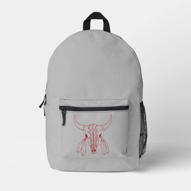 Red Ghost Dance Buffalo line grey backpack (Front)