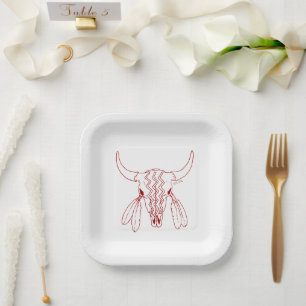 Red Ghost Dance Buffalo line square paper plates
