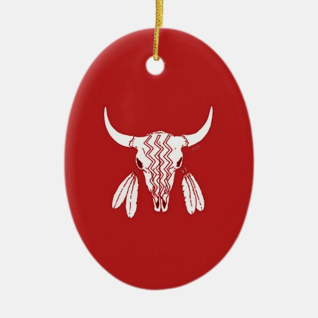 Red Ghost Dance Buffalo oval ceramic ornament (Front)
