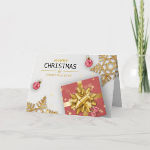 Red Gift Box Christmas Balls Gold Snowflakes Card