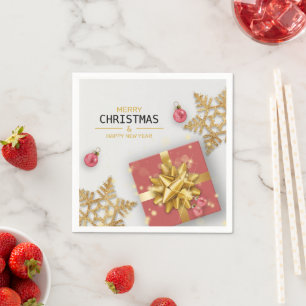 Red Gift Box Christmas Balls Gold Snowflakes Napkin