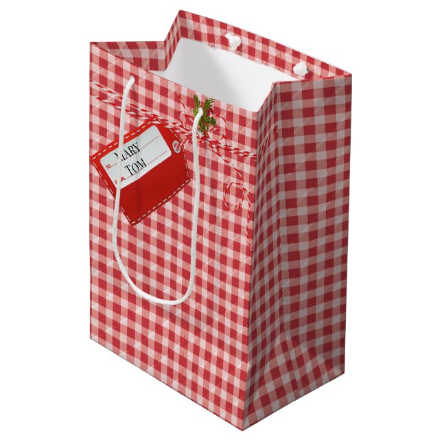 Red Gift Tag On Gingham Medium Gift Bag (Front Angled)