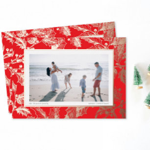Red Gilded Holly Frame Traditional Christmas Foil Holiday Card