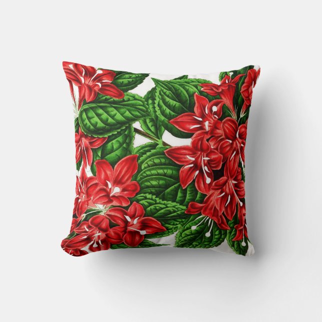 Red ginger flowers, vintage print cushion (Front)