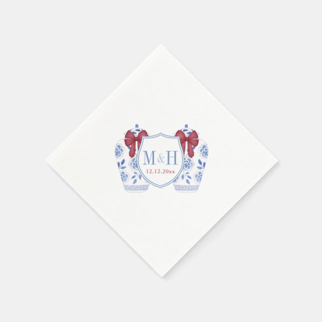 Red Ginger Jar Monogram Crest Christmas Wedding Napkin (Corner)