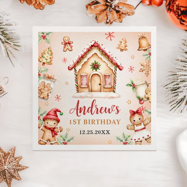 Red Gingerbread House 1st Birthday Party Napkin (Creator Uploaded)