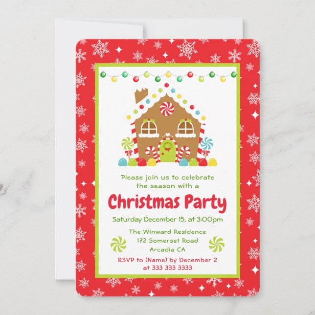 Red Gingerbread House Christmas Party Invitation (Front)