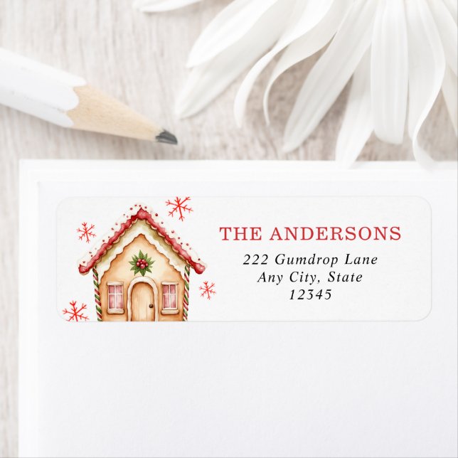 Red Gingerbread House Christmas Return Address Return Address Label (Insitu)