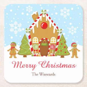 Red Gingerbread House Decorating Christmas Party Square Paper Coaster