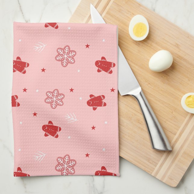 Red Gingerbread Man Snowflakes Christmas Pattern Tea Towel (Quarter Fold)