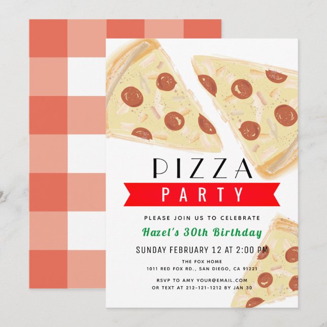 Red Gingham Adult Pizza Party Birthday Invitation (Front/Back)