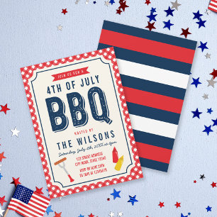Red Gingham and Blue 4th of July BBQ Invitation