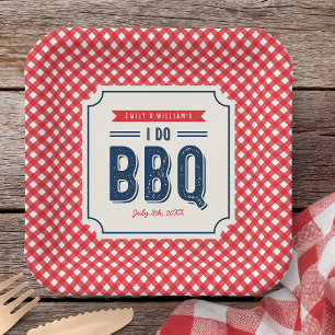 Red Gingham and Blue I Do BBQ Engagement Party Paper Plate
