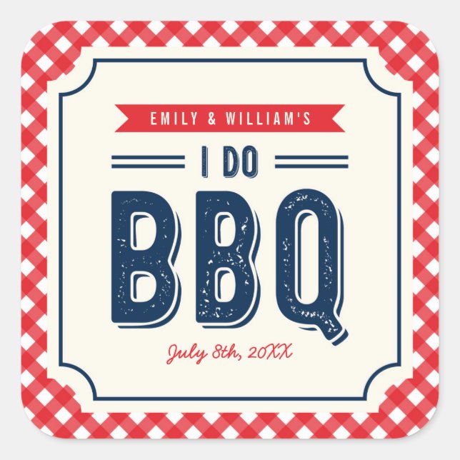 Red Gingham and Blue I Do BBQ Engagement Party Square Sticker (Front)
