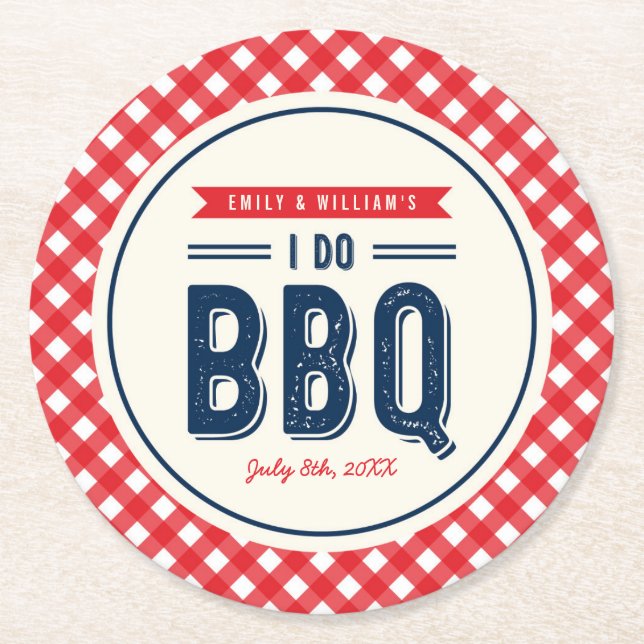 Red Gingham and Blue I Do BBQ Party Round Paper Coaster (Front)