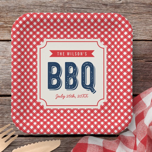 Red Gingham and Blue Summer BBQ Paper Plate (Creator Uploaded)