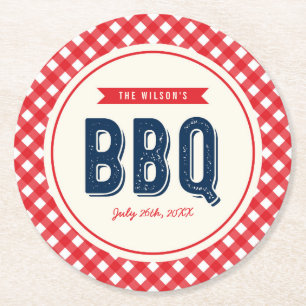 Red Gingham and Blue Summer BBQ Round Paper Coaster