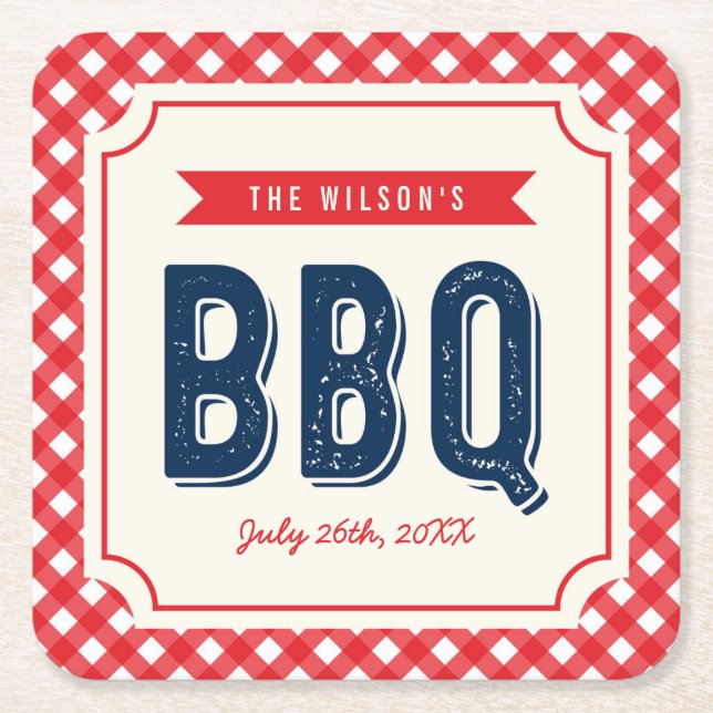 Red Gingham and Blue Summer BBQ Square Paper Coaster (Front)