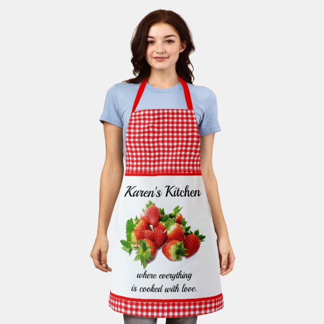 Red Gingham and  Strawberries Personalised Apron (Worn)