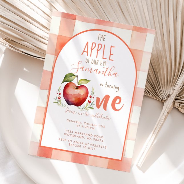 Red Gingham Apple Watercolor first birthday Invitation (Creator Uploaded)