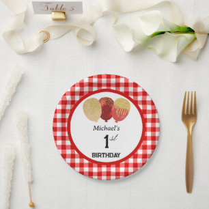 Red Gingham & Balloons 1st Birthday Paper Plate