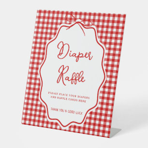 Red Gingham Barbecue BBQ Baby-Q Diaper Raffle Pedestal Sign