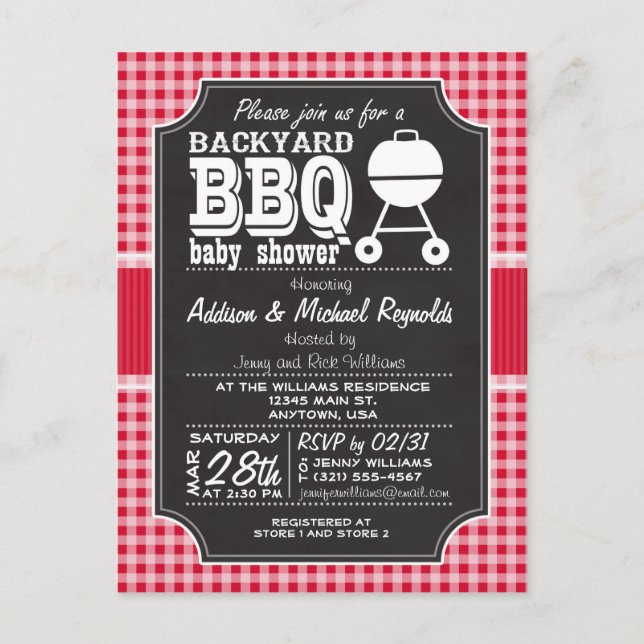 Red Gingham BBQ Baby Shower Invitation Postcard (Front)