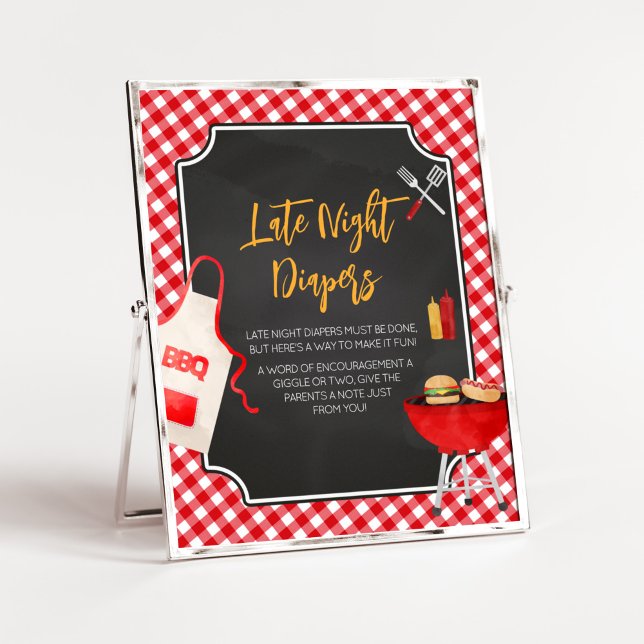Red Gingham BBQ Baby Shower Late Night Diapers Poster (Burger in the Oven Baby Shower Late Night Diapers Sign)