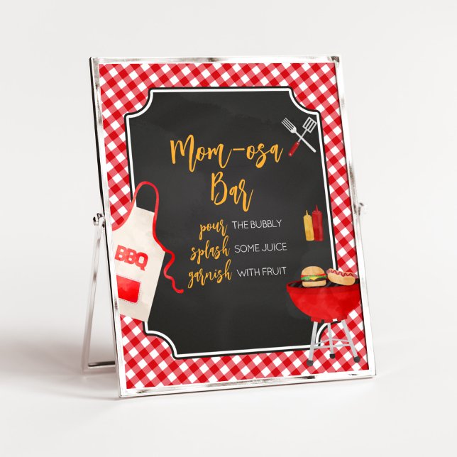 Red Gingham BBQ Baby Shower Mum Osa Bar Poster (Burger in the Oven Baby Shower Mom Osa Bar Sign)