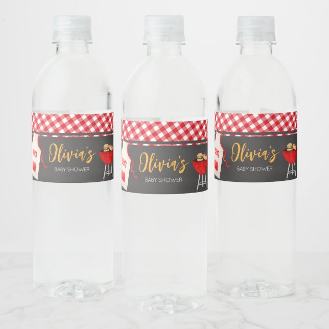 Red Gingham BBQ Baby Shower Water Bottle Label (Bottles)