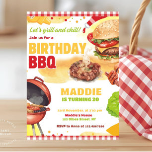 Red Gingham Bbq Barbecue Birthday Party Invitation