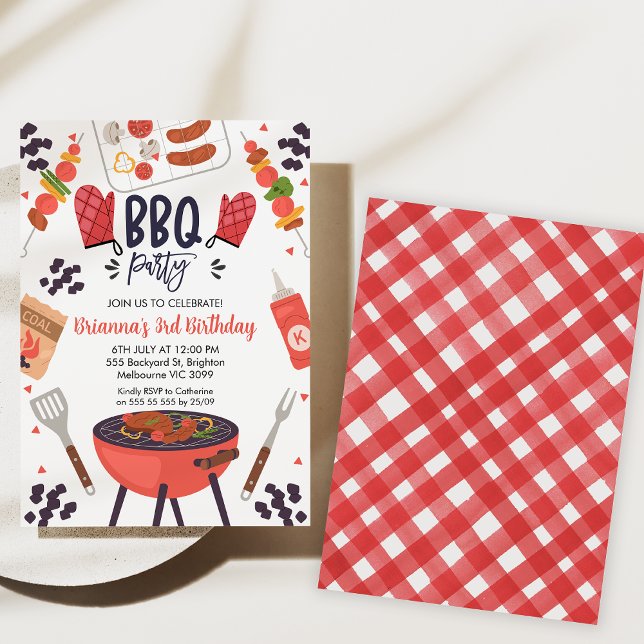 Red Gingham Bbq Birthday Party Invitation (Bbq birthday party invitation, Backyard Bbq Birthday Invitation, Gingham pattern, Summer Bbq Party)