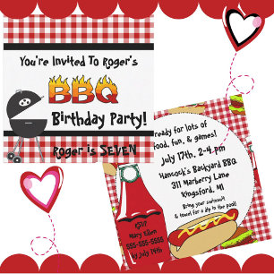 Red Gingham BBQ Birthday Party Invitations