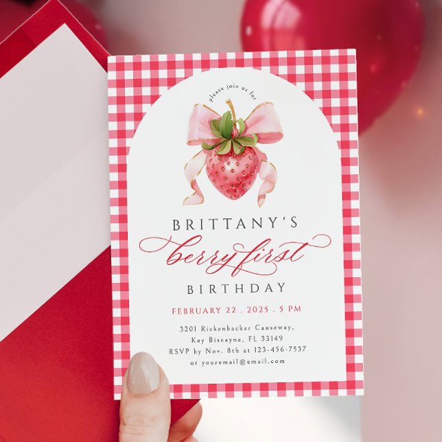 Red Gingham Berry First Birthday Invitation (Creator Uploaded)