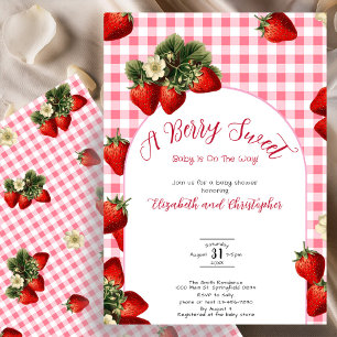 Red Gingham Berry Sweet Strawberry Baby Shower Invitation