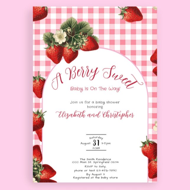 Red Gingham Berry Sweet Strawberry Baby Shower Invitation (Creator Uploaded)