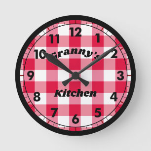 Red Gingham Black Retro Name Round Clock