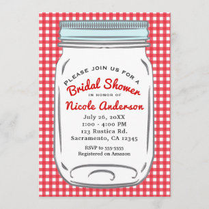 Red Gingham & Blue Mason Jar Rustic Country Invitation