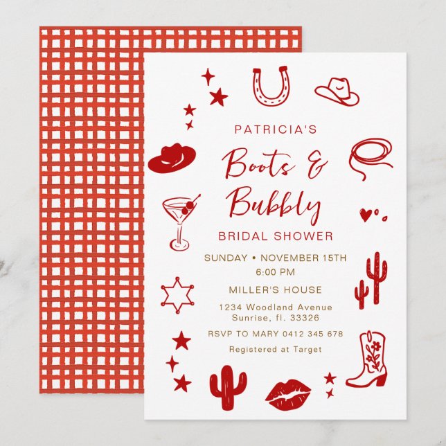RED gingham Boots and Bubbly Cowgirl Bridal Shower Invitation (Front/Back)