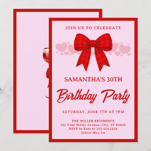 Red Gingham Bow 30th Birthday Invitation