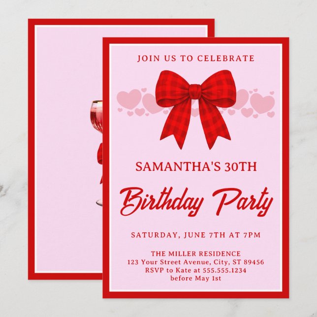 Red Gingham Bow 30th Birthday Invitation (Front/Back)