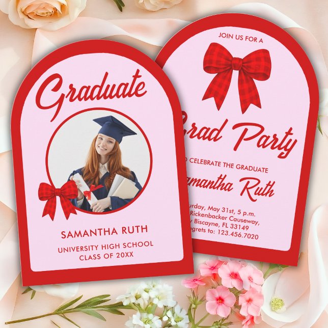 Red Gingham Bow Arch Photo Graduation Party Invitation (Creator Uploaded)