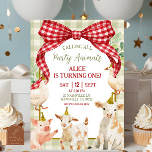 Red Gingham Bow Farm Animal 1st Birthday Invitation