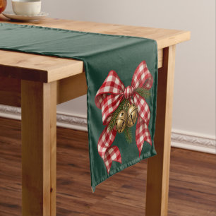 Red Gingham Bow Gold Bells Vintage Christmas Medium Table Runner