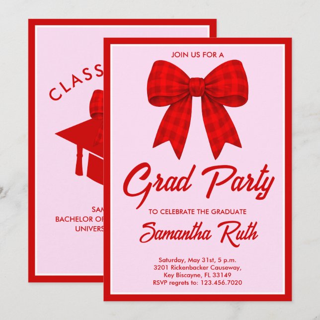 Red Gingham Bow Graduation Party Invitation (Front/Back)