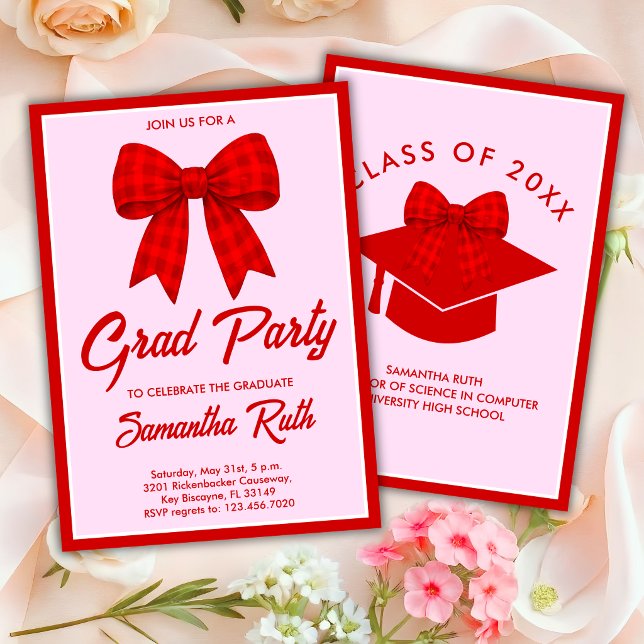 Red Gingham Bow Graduation Party Invitation (Creator Uploaded)