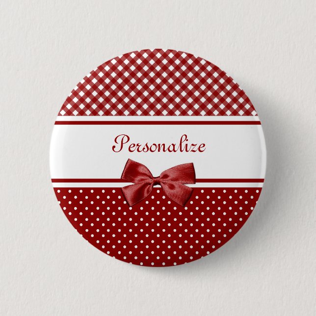 Red Gingham Bow Name 6 Cm Round Badge (Front)